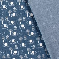 Tissu Jean stretch imprimé bleu clair Éléphant Lion et Palmier | Tissus Loup