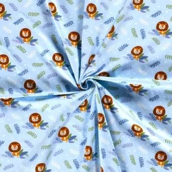 Tissu Jersey coton Petit Lion fond bleu ciel | Tissus Loup