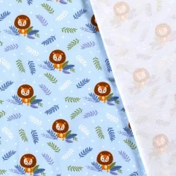 Tissu Jersey coton Petit Lion fond bleu ciel | Tissus Loup