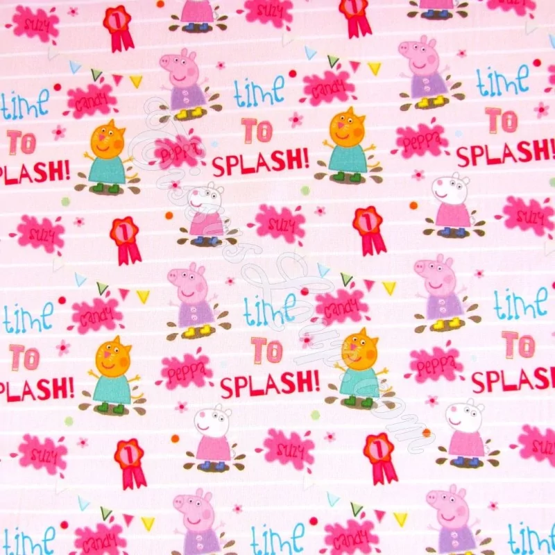 Tecido de algodão Peppa Pig e Candy Cat Fundo Rosa | Tissus Loup