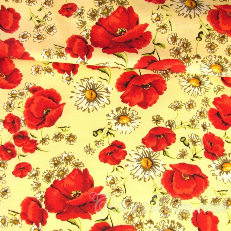 Tissu Coton Coquelicot et Marguerite | Tissus Loup