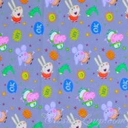 Tecido Jersey Peppa Pig e Emilie Elefante Fundo Cinza