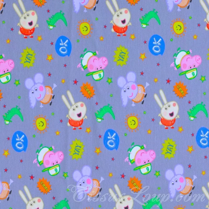 Tecido Jersey algodão Peppa Pig e Emilie Elefante Fundo Cinza | Tissus Loup