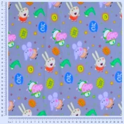 Tecido Jersey algodão Peppa Pig e Emilie Elefante Fundo Cinza | Tissus Loup