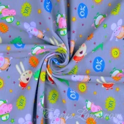 Tessuto Jersey cotone Peppa Pig e Emilie Elefante Sfondo Grigio | Tissus Loup