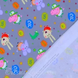 Jersey Stof katoen Peppa Pig en Emilie Olifant Grijze Achtergrond | Wolf Stoffen