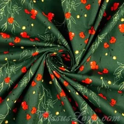 Fabric Cotton Poppies Green Background | Wolf Fabrics