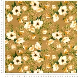 Tecido de Algodão com Flores Brancas Philadelphus Fundo Mostarda | Tissus Loup