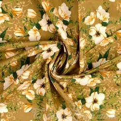 Tessuto di Cotone con Fiori Bianchi Philadelphus su Fondo Senape | Tissus Loup
