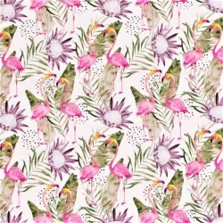 Jersey Fabric Flamingo and Tropical Protea Flower | Wolf Fabric