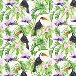 Jersey Fabric Toucan and Tropical Exotic Flowers