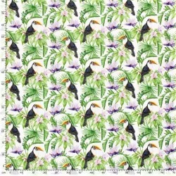 Jersey Fabric Toucan and Tropical Exotic Flowers | Wolf Fabric
