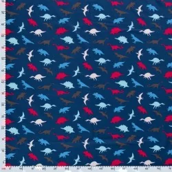 Jersey Stoff Baumwolle Dinosaurier Dunkelblauer Hintergrund  | Wolf Stoffe