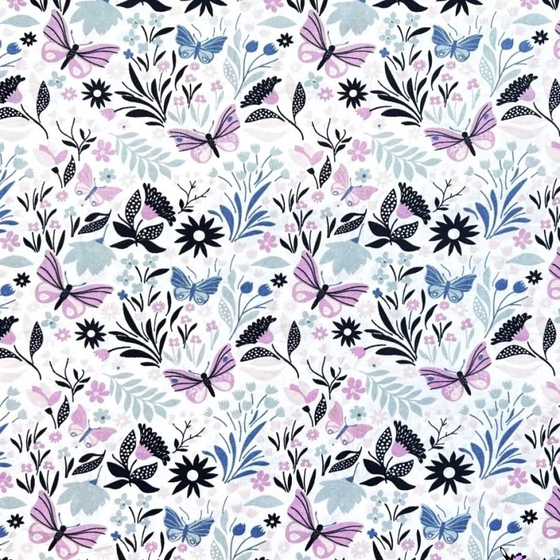 Baumwollstoff Blumen und Schmetterlinge | Wolf Stoffe