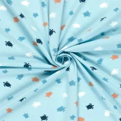 Fabric Jersey Cotton Marine Turtles  turquoise blue background| Wolf Fabrics