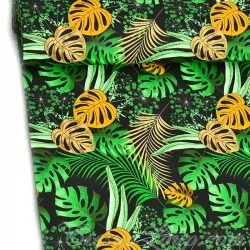 Fabric Monstera and Palm Leaves Black Background