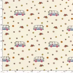 Tessuto Jersey di cotone VW Bus Peace and Love e Fiori | Tessuti Lupo