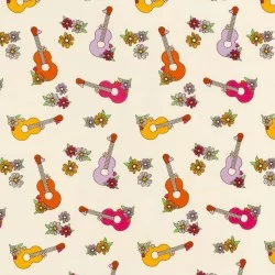 Tessuto Jersey Chitarre Colorate e Fiori