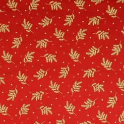 Tissu Branches de Noël Dorées Fond Rouge