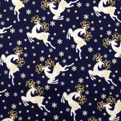 Fabric Golden-horned Christmas Reindeer Navy Blue Background
