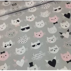 Cabezas de tela de algodón de gatos fondo gris Nikita Loup