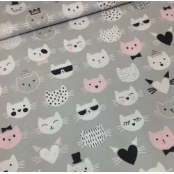 Tessuto di Cotone con Teste di Gatti su Fondo Grigio | Tissus Loup