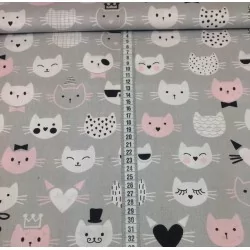 Tecido Cabeças de Gatos Fundo Cinza | Tissus Loup