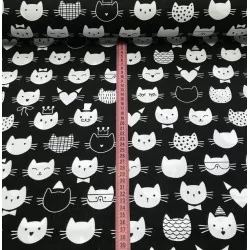 Fabric Cotton Cats Heads Black background Nikita Loup