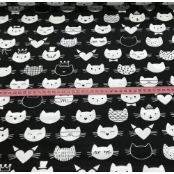 Fabric Cotton Cats Heads Black background Nikita Loup