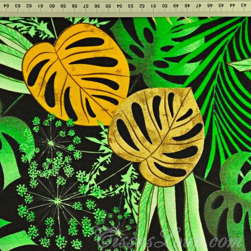 Fabric Monstera and Palm Leaves Black Background — 2