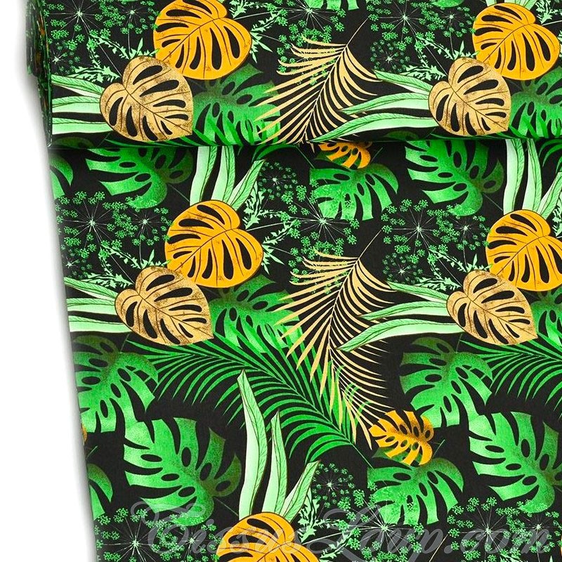Fabric Monstera and Palm Leaves Black Background — 1