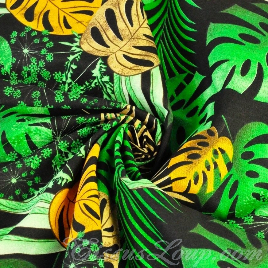 Fabric Monstera and Palm Leaves Black Background — 3